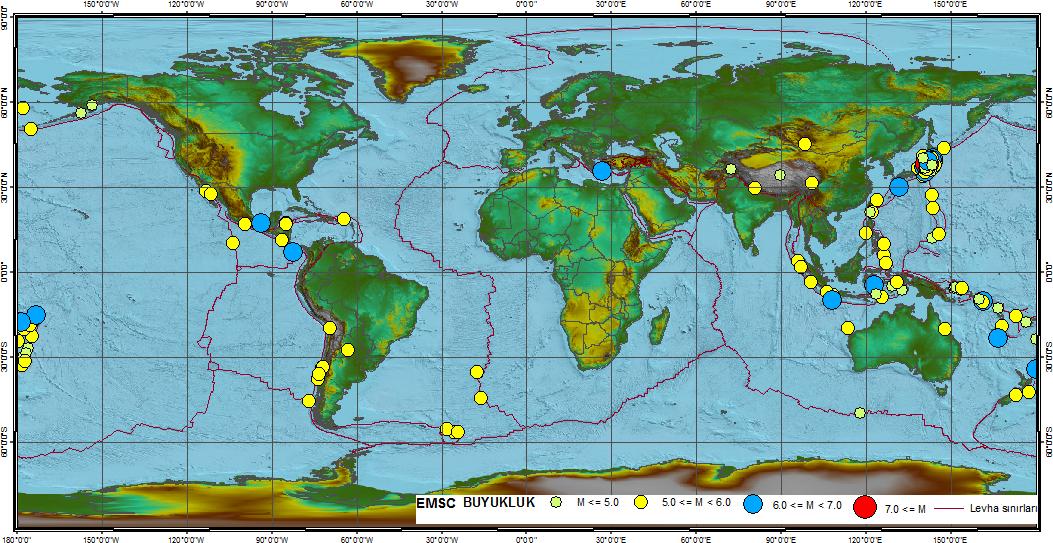 4. 2011 NISAN AYINDA DÜNYA DA ÖNE ÇIKAN DEPREM ETKİNLİKLERİ 2011 Nisan ayı içerisinde Dünya da büyüklüğü 5 ve üzeri olan toplam 197 deprem meydana gelmiştir (Şekil 4.1).