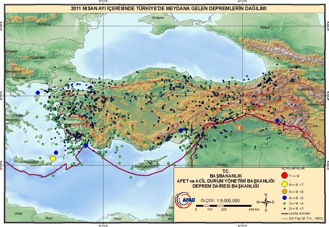 Nisan ayı içerisinde meydana gelen 4 ve üzeri olan depremlerin listesi Tablo 1.1 de verilmiştir.