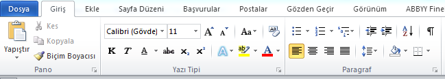 Pan, Yazı Tipi ve Paragraf yazılarını görüyrsunuz. Bunlar giriş sekmesinin altında gruplara ayrılmış işlem bölümlerini göstermektedir. Her bir grup kendi içinde işlevlere sahiptir.