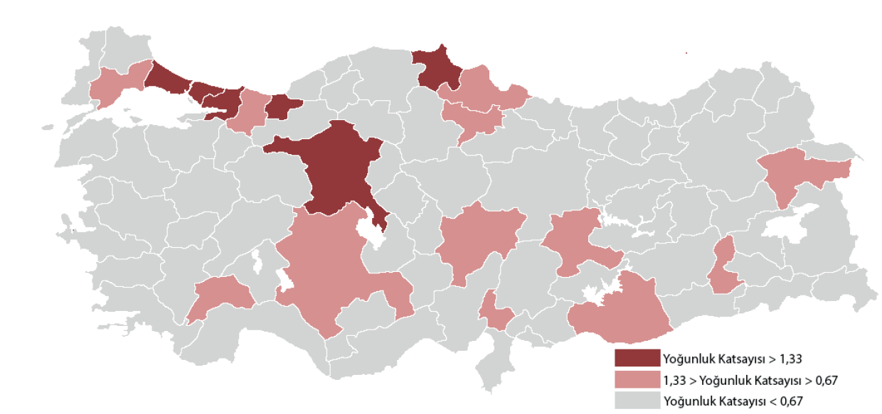 TÜRKİYE DE İLAÇ SEKTÖRÜ / ÜRETİM İşletme Sayısına Göre İlaç Sektöründe Bölgesel Yoğunlaşma* İlaç Sektöründe Yoğunlaşma Sıra Büyüklük** Sıra Başatlık** 1 İstanbul %59,6 1 Kırklareli %3,9 2 Kocaeli