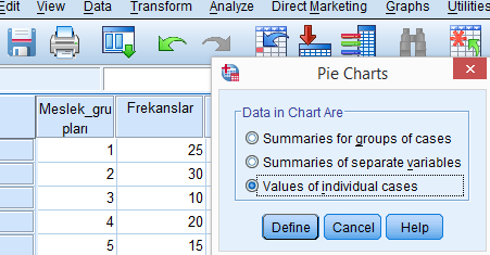 *Graphs Legacy Dialogs Pie menüsüne girilir Summaries