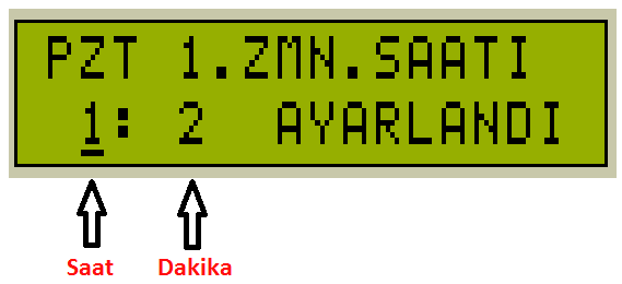 MENÜ KULLANIMI: ZAMAN AYARLARI. ENT butonu basıp çekerek menüye giriniz sağ butonla PZT. 1.ZMN. SAATI ekranına geliniz.