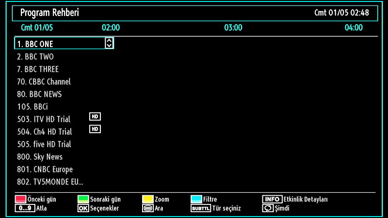 / / / : Dolaşım OK (Seçenekler): Kanal Seç seçeneği de dahil olmak üzere program seçeneklerini görüntüler. Mavi tuş (Filtre): Filtreleme seçeneklerini gösterir.