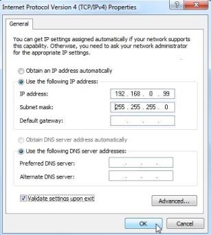basarak seçiminizi uygulayın. ( Şu IP adresini kullanın IP adresi: 192.168.0.99 Alt ağ maskesi 255.