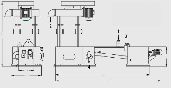 Şekil 2.2: Yıkamalı ve kurutmalı yıkama makinesi kesiti 1. Materyal girişi 2. Materyal çıkışı 3. Su girişi 4.