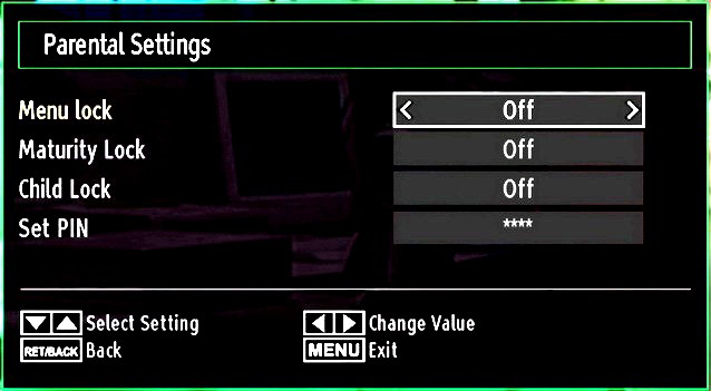 Parental Settings Menu Operation Select an item by using or button. Use or button to set an item. Press OK button to view more options.