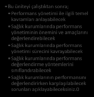 HEDEFLER İÇİNDEKİLER SAĞLIK KURUMLARINDA PERFORMANS YÖNETİMİ Performans Yönetimi İle İlgili Temel Kavramlar Performans Yönetiminin Önemi ve Amaçları Performans Yönetimi Süreci Performans