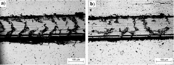 ġekil 3.6 : (a) ZrN ve (b) (Zr, %12 Hf)N çizik izi paternlerinin optik mikroskop görüntüleri [33].