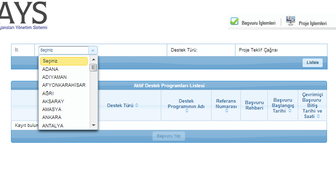 Başvuru İşlemleri Başvuru yapmak istediğiniz ili seçerek «listele» butonu ile
