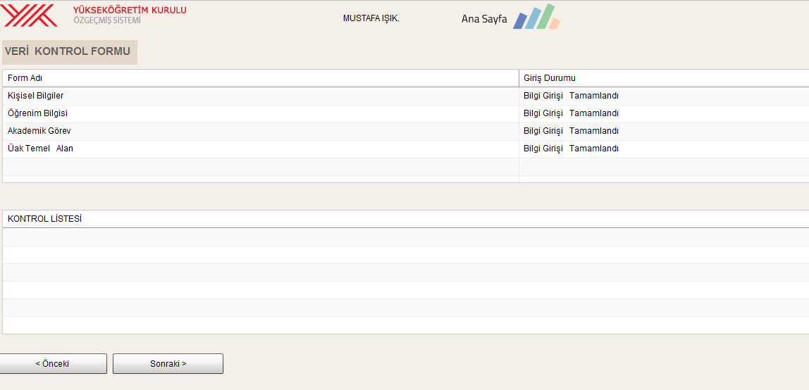 Başvuru İşlemleri 2 Başvurusunu başlatma işlemini yaptıktan sonra Sonraki» butonu ile Veri Kontrol Formuna erişir. Akademik Özgeçmiş sisteminde bulunan 1.