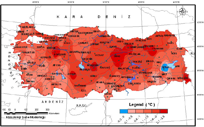 2. 2014 Türkiye İklim Değerlendirmesi 2.1. Sıcaklık Değerlendirmesi 2014 yılı Türkiye ortalama sıcaklıkları 14.9 C ile 1981 2010 ortalaması olan 13.5 C nin 1.4 C üzerinde gerçekleşmiştir 1 (URL1).