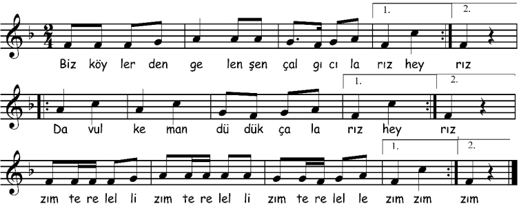 AKÜ AMADER / SAYI 1 137 Şekil 9: Örnek Şarkı: Zımterelelli (a cümlesi Fa-La arasında, b cümlesi La-ince Do arasında tartım farklılığı, a cümlesi tartım farklılığı getirilmiş) Meliha Sun dan derleme