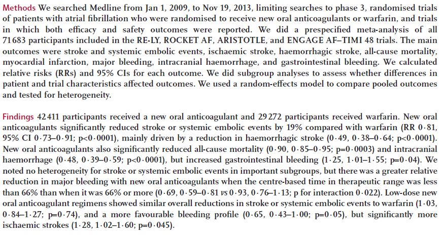 Yeni Oral antikoagülanların Warfarinle karşılaştırıldığı bu metaanalizde; YOAK lar ile tüm nedenlere bağlı ölüm