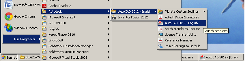 Yardım dosyaları. Özel (Custom) yüklemek, AutoCAD2012 nin işletilmesini, destek dosyalarını ve belirlediğiniz herhangi bir özel kurulum dosyasını kurar. Seçilen seçenekleri ile Özel yükleme.