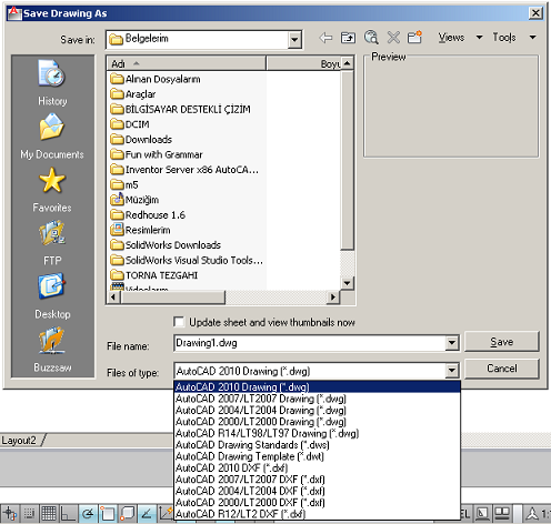 Autocad2012 de çizilmiş olan dosyaların bundan önceki sürümlerde açılabilmesi için önceki sürümlerinin formatında kaydedilmesini sağlar.