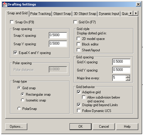 F7 tuşuna basılarak Komut satırından: Command/GRID Grid Aralığını Değiştirmek için aşağıdaki işlem sırasını takip edebilirsiniz Tools Çek menüsünden Drafting Settings seçeneğini seçtiğinizde ekrana