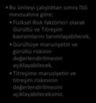 HEDEFLER İÇİNDEKİLER İSG MEVZUATINDA FİZİKSEL RİSKLER Temel Kavramlar Gürültü Riski Gürültüye Maruziyet Değerleri Gürültüye Maruziyetin Belirlenmesi ve