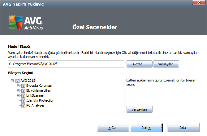 AVG gadget'ı yüklemesi İletişim kutusunun sağ bölümünde, AVG gadget'ı ile ilgili onay kutusunu bulabilirsiniz (Windows Vista/Windows 7'de desteklenir).