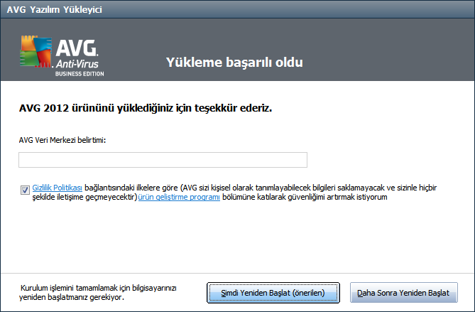 AVG DataCenter parametrelerini belirtmeniz gerekiyor - lütfen bağlantı dizesini sunucu:bağlantı noktası biçiminde AVG DataCenter uygulamasına sağlayın.