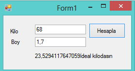 Örnek İdeal kilo hesabı yapan bir program yazın. Bu program üzerinde 4 tip fonksiyon kullanımını gösterin. İdel Kilo = Kilo / Boy 2 dir. Örnek : 68 kg/ 1.70 m = 23.52 çıkar.