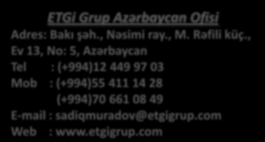 Əlaqə ETGi Grup Mərkəz Bina Adres : Yunus Emre Meydanı, Çatalkaya Sk.