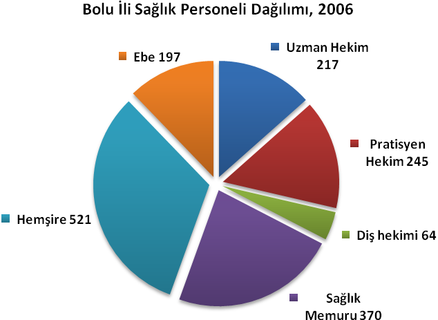 Sağlık İstatistikleri 2006 yılında Bolu İlinde toplam 1 614 sağlık personeli dağılımı: 217 Uzman Hekim, 245 Pratisyen Hekim, 64 Diş Hekimi, 370 Sağlık Memuru, 521 Hemşire ve 197 Ebe dir.