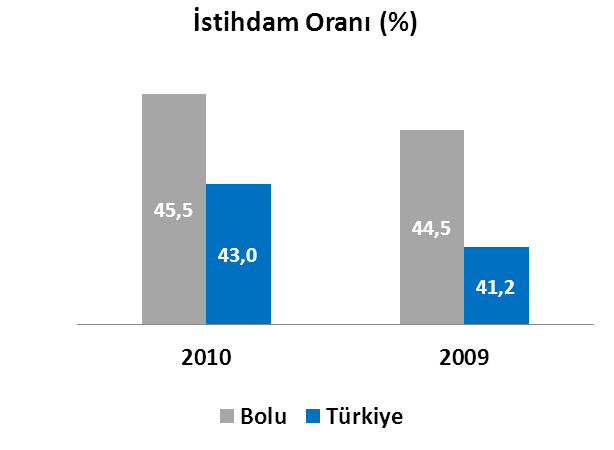 İşgücü Bolu ilinde, 2009 yılında % 44,5 olarak gerçekleşen istihdam oranı, %2,25 oranında artarak 2010 yılında % 45.5 e yükselmiştir.