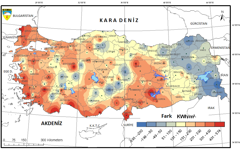 II. Meteorolojik Uzaktan Algılama Sempozyumu, 3-5 Kasım 2015, Antalya Şekil 5: 2006 yılı CM-SAF SIS ve yüzey radyasyon verisi arasındaki fark (kalıntı haritası) Kalıntı Haritası Mekânsal Analiz
