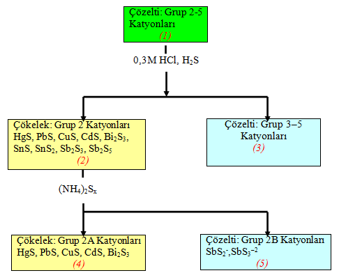 7.2. Analizin YapılıĢı Grup 2 Katyonları 0,3 M asitli ortamda sülfürleri hâlinde çöker. Antimon da aynı özelliği gösterir. Kalay ise hangi değerlikte ise onunla ilgili SnS veya SnS 2 çökeleğini verir.