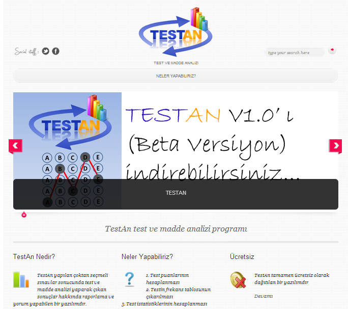 Şekil 5.1 TestAn yazılımı için oluşturulan testanalizi.com sitesi Hazırlanan bu yazılımda aşağıdaki hesaplamalar yapılmıştır. 1. Test puanlarının hesaplanması 2.