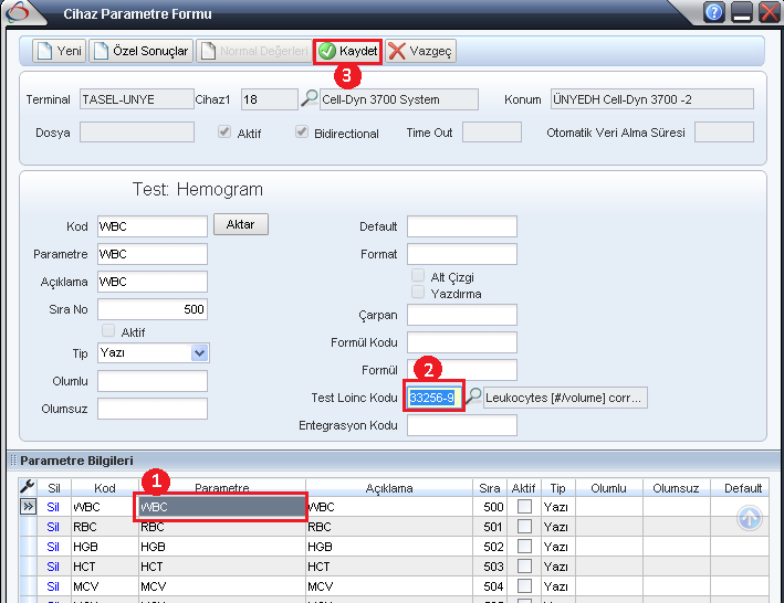 1 ile işaretli olan alandan test parametresini seçip 2 ile işaretli olan Test Loinc Kodu alanına http://loinc.saglik.gov.tr/default.