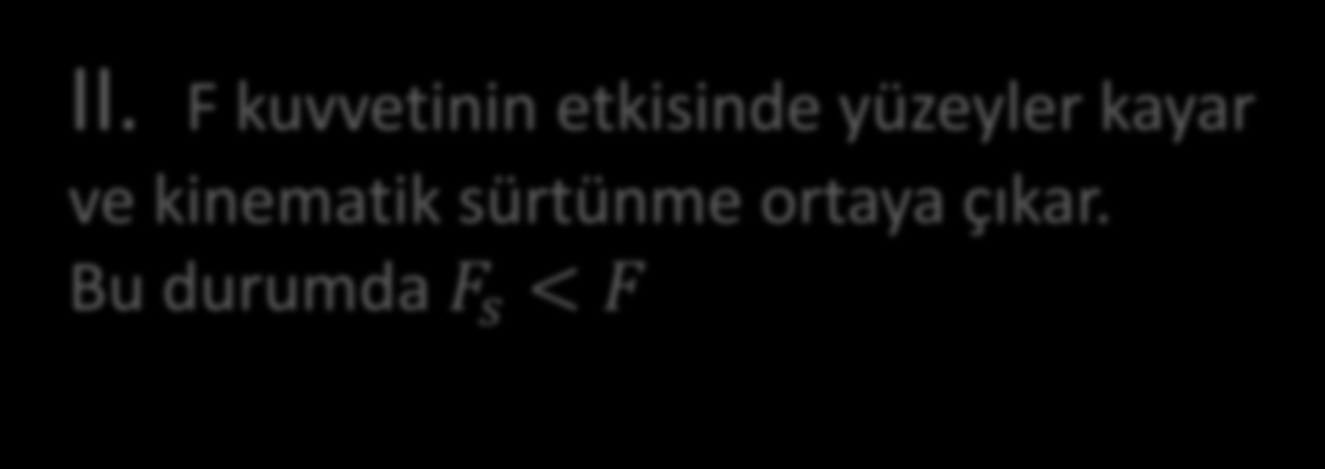 Kuru Sürtünme W ağırlığındaki bir cisme F kuvveti uygulandığında iki durum ortaya çıkar: I.