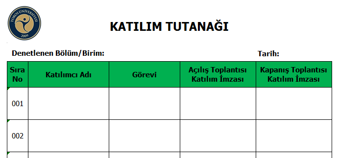 KATILIM TUTANAĞI İç denetim sırasında açılış ve kapanış toplantılarına katılan kişilerin isim,görev ve katılımı ispatlayan imzalarının kaydedildiği tutanaktır.