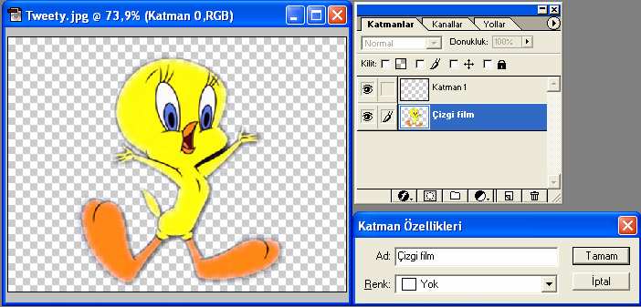 bulmamızı sağlar. Mesela aşağıdaki çalışmada bir Tweety ismindeki katmanın adını Çizgi Film diye değiştirmek onu kolayca Katman menüsünde bulmamız ve üzerinde işlem yapmamız kolaylaşır.
