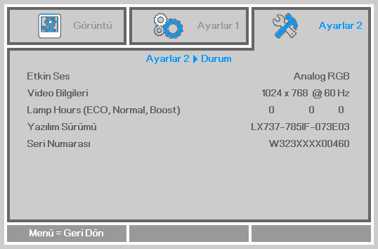 Durum IN5312a/IN5316HDa Kullanım Kılavuzu Ayarlar 2 menüsünde yukarı ve aşağı gitmek için basın. Durum menüsünü seçin ve girmek için Enter veya düğmesine basın.