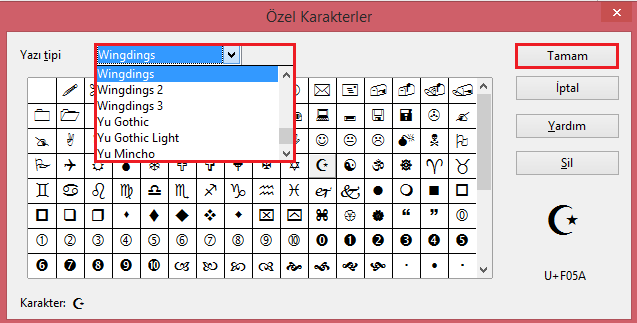 2 [ + 24 ] Π. r 2 3 =? 2 Yandaki formülün sayfadaki görünümü gösterilmektedir. Bu da yukarıdaki formülün yazım şeklidir. 6.4. Özel Karakter Simge eklemek için Ekle menüsünden Özel Karakter.