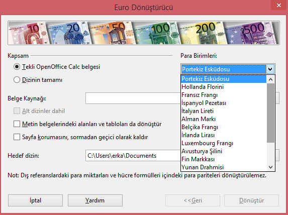 Yukarıdaki resimde dönüştürme sonucu yeni bir open office belgesi oluştuğunu görebiliriz. 7.1.7. Euro Dönüştürücü Dosya / Sihirbazlar / Euro Dönüştürücü menülerine sırayla tıklayalım.