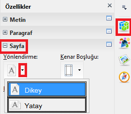 2.3.2. Sayfa Yönlendirme Sayfayı bazen dikey değil de yatay olarak kullanmak isteyebiliriz. Bunun için de Kenar çubuğundan sayfa bölümünden Yönlendirme üzerinden; 1. Dikey, 2.