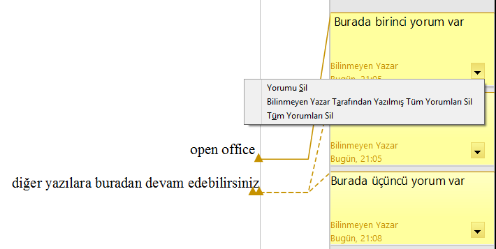 3.7. Yorum Ekleme Sayfanın kenar boşluklarına yazdığımız yazı ile ilgili açıklayıcı notlar yazabiliriz. Ekle menüsünden Yorum alt menüsüne tıkladığımız zaman aşağıdakine benzer yorum satırı açılır.