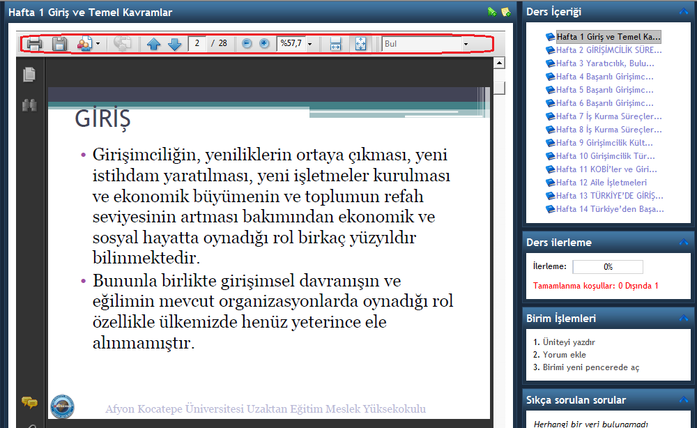 Herhangi bir derse girdiğinizde Resim 6. da gördüğünüz gibi bir sayfayla karşılaşacaksınız.