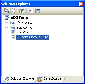 ADO.NET 2009 2010 13. Data Source Configuration Wizard ı kapatmak için Close tıklayın. 14. Solution Explorer pencersindeki görünüt aşağıdaki gibi olacaktır.