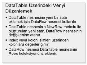 DataSet içinde yeni bir DataTable oluşturduktan sonra, veritabanı üzerinde işlem yapıyormuş gibi veri üzerinde düzenlemeler