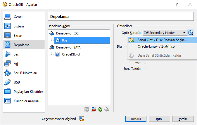 Depolama ayarlarında bulunan optik denetleyiciye Öz Nitelikler bölümünden, yukarıda verilen link ile daha önce indirdiğimiz Oracle Linux disk kalıbını