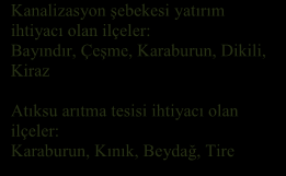 Öte yandan atıksu arıtma tesisi ile hizmet açısından Beydağ, Tire, Kınık, Karaburun yatırım öncelikli alan olarak ortaya çıkmaktadır.