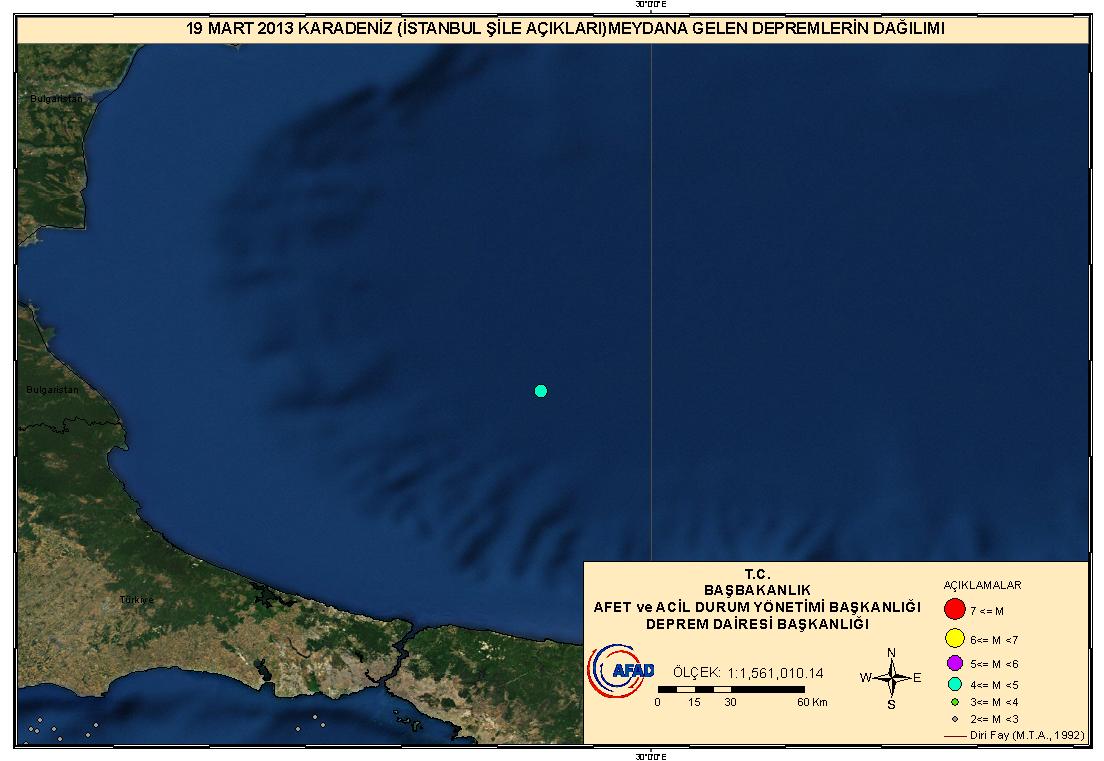 Tablo 1.1 2013 Mart ayı içerisinde meydana gelen M 4.0 olan depremler Zaman (UTC) Enlem(K) Boylam(D) Büyüklük Derinlik (km) Yer 03/03/2013 11:22 36.1057 34.6080 4.0 24.