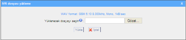 3.4.2 IVR Admin kendi ihtiyaçları doğrultusunda IVR kaydını yapar; 1 Yeni IVR kaydı tıklayın 2 Açılan pencereye dosya ismini girin ve kayıt için istediğiniz dahili numarayı girin, örnek: 500 3 kayıt