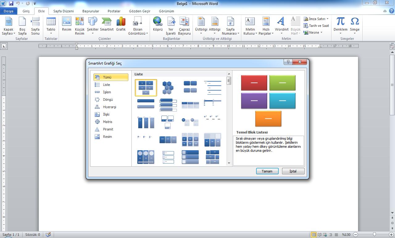 SmartArt: Bilgiyi şematik olarak göstermek için SmartArt grafikleri kullanılabilir.