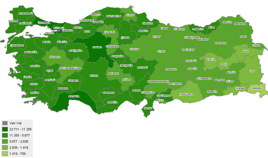 Harita 28 - İllere Göre Kişi Başına Düşen Nakdi Kredi Değerleri (2012, TL) Kaynak: Bankacılık Düzenleme ve Denetleme Kurulu, Finansal Türkiye Haritası, http://ebulten.bddk.org.tr/haritalama/harita.