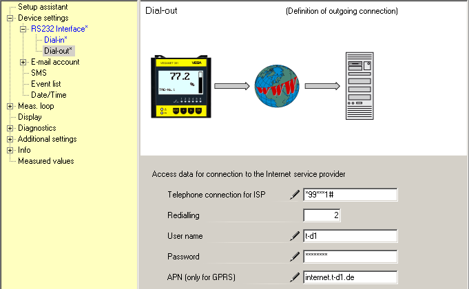 9 Bir WEB-VV sunucuya ölçüm değeri iletimi Dial-In bağlantı Dial-In bağlantısının parametrelerini şekle uygun şekilde verin. Bu veriler dışarıdan müdahaleye olanak sağlar (Uzaktan parametreleme). Res.