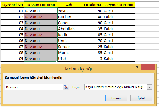 Hücre Kurallarını Vurgula Koşullu biçimlendirme seçeneklerindeki, Hücre Kurallarını Vurgula ile hücre istenen değerlere göre biçimlendirilir.